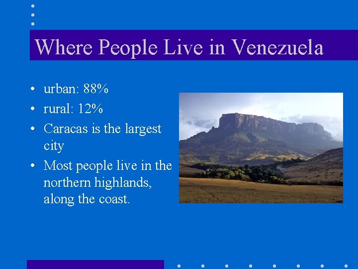 Where People Live in Venezuela • urban: 88% • rural: 12% • Caracas is Where People Live in Venezuela • urban: 88% • rural: 12% • Caracas is