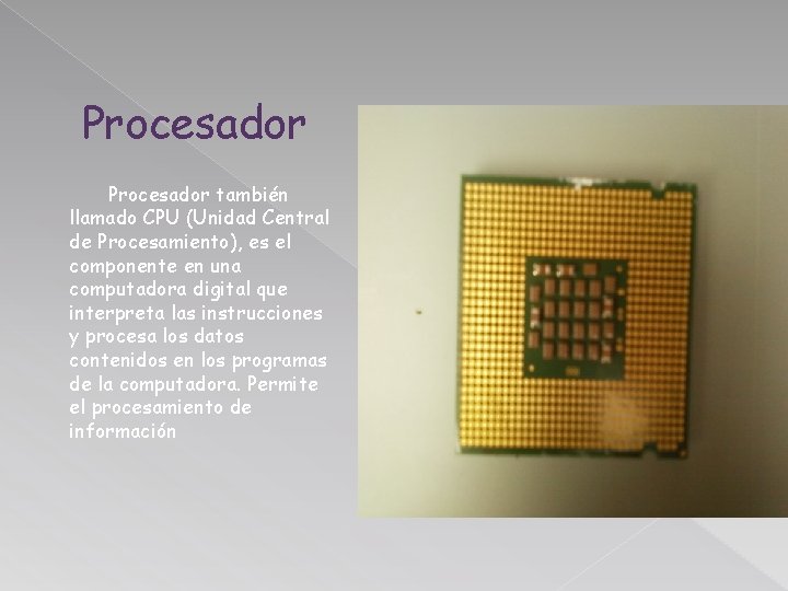 Procesador también llamado CPU (Unidad Central de Procesamiento), es el componente en una computadora