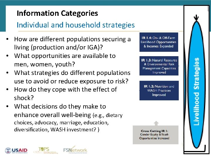 Information Categories Individual and household strategies • How are different populations securing a living