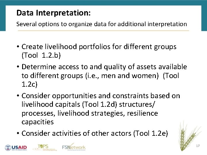 Data Interpretation: Several options to organize data for additional interpretation • Create livelihood portfolios