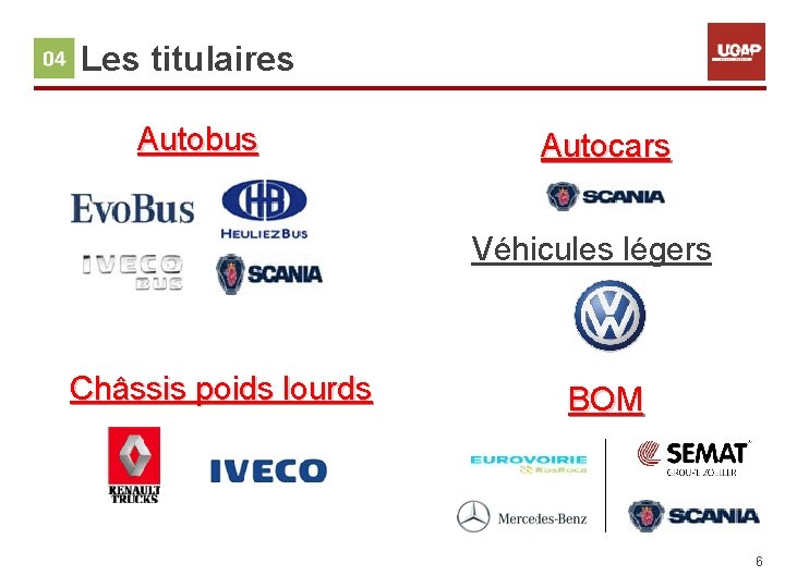 4. Les titulaires Autobus Autocars Véhicules légers Châssis poids lourds BOM 6 