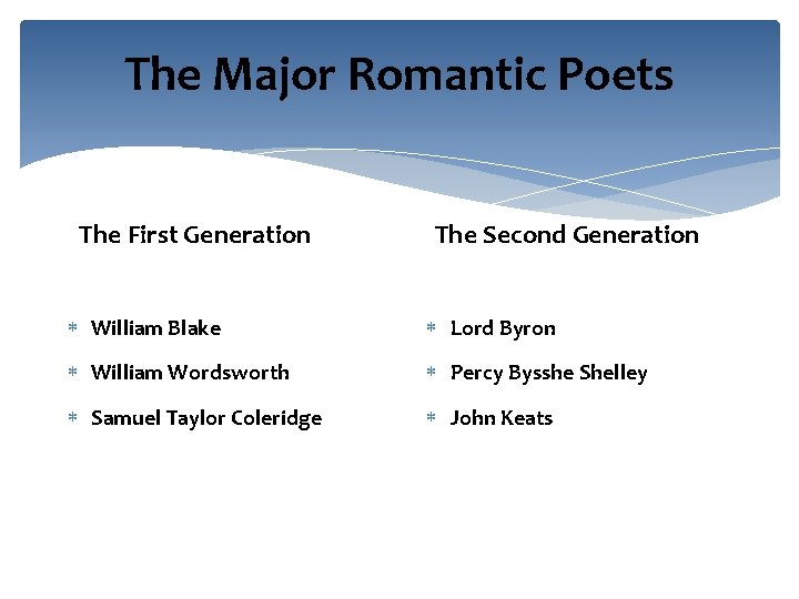 The Major Romantic Poets The First Generation The Second Generation William Blake Lord Byron