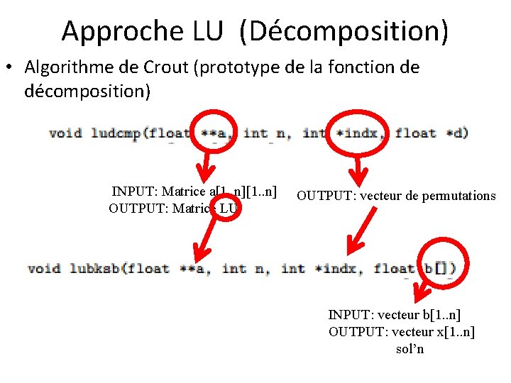 Approche LU (Décomposition) • Algorithme de Crout (prototype de la fonction de décomposition) INPUT: