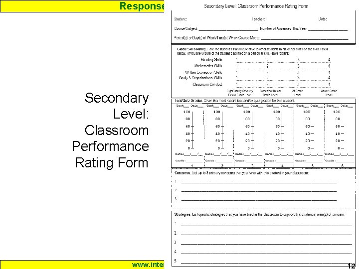 Response to Intervention Secondary Level: Classroom Performance Rating Form www. interventioncentral. org 12 