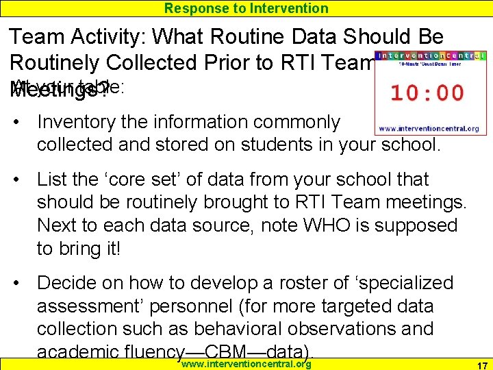 Response to Intervention Team Activity: What Routine Data Should Be Routinely Collected Prior to