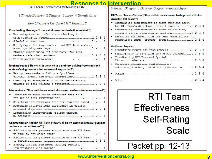 Response to Intervention RTI Team Effectiveness Self-Rating Scale Packet pp. 12 -13 www. interventioncentral.