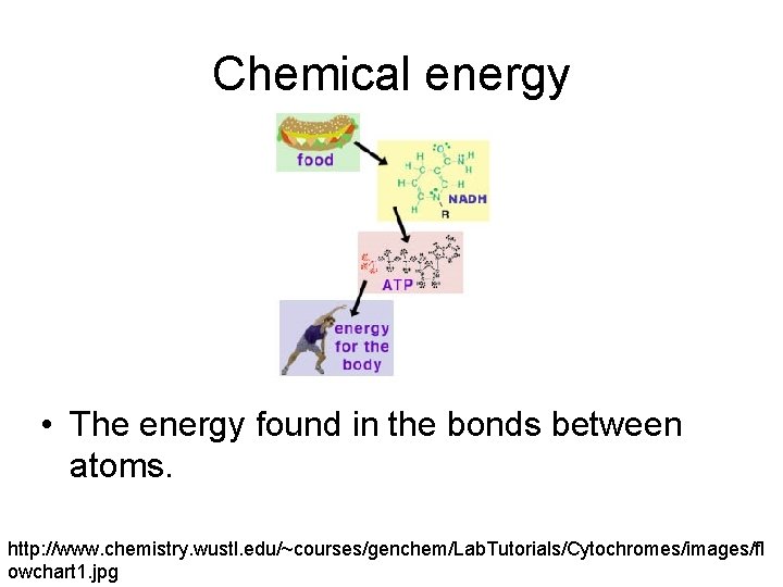 Chemical energy • The energy found in the bonds between atoms. http: //www. chemistry.