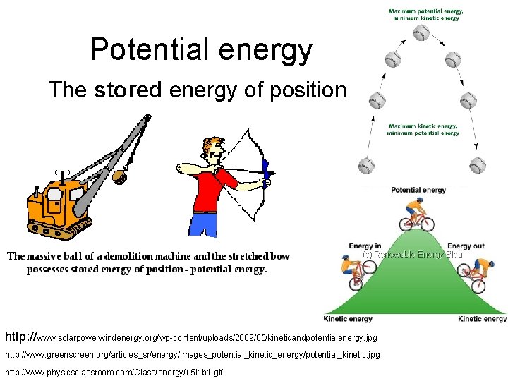 Potential energy The stored energy of position. http: //www. solarpowerwindenergy. org/wp-content/uploads/2009/05/kineticandpotentialenergy. jpg http: //www.