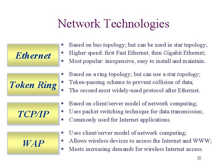 Network Technologies Ethernet § Based on bus topology; but can be used in star
