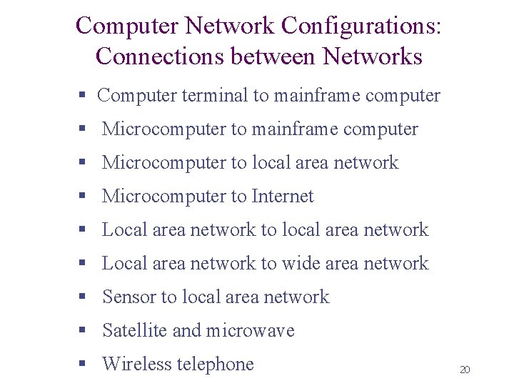 Computer Network Configurations: Connections between Networks § Computer terminal to mainframe computer § Microcomputer