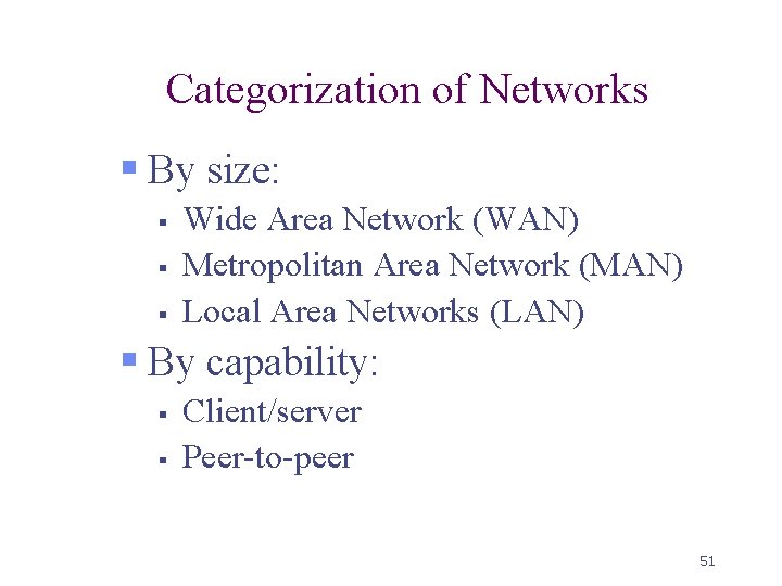 Categorization of Networks § By size: § § § Wide Area Network (WAN) Metropolitan