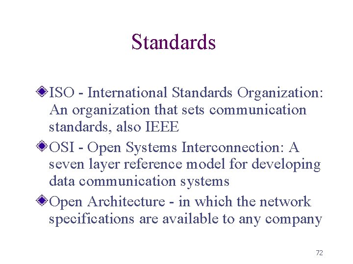 Standards ISO - International Standards Organization: An organization that sets communication standards, also IEEE