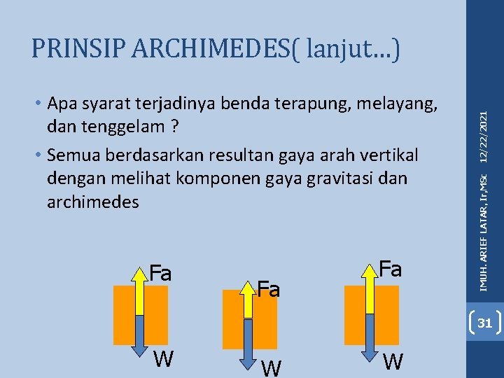 Fa Fa Fa IMUH. ARIEF LATAR, Ir, MSc • Apa syarat terjadinya benda terapung,