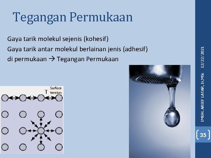 IMUH. ARIEF LATAR, Ir, MSc Gaya tarik molekul sejenis (kohesif) Gaya tarik antar molekul