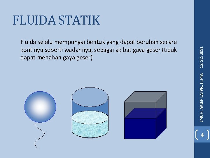 IMUH. ARIEF LATAR, Ir, MSc Fluida selalu mempunyai bentuk yang dapat berubah secara kontinyu