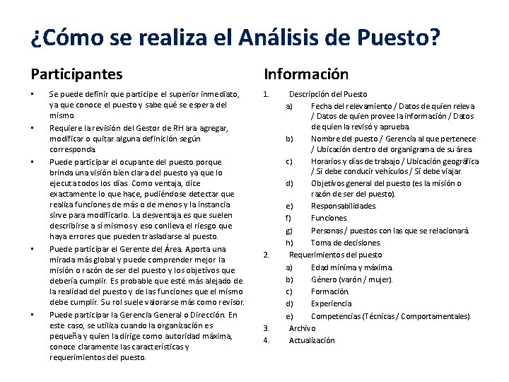 ¿Cómo se realiza el Análisis de Puesto? Participantes • • • Se puede definir