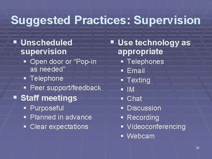 Suggested Practices: Supervision § Unscheduled supervision § Open door or “Pop-in as needed” §