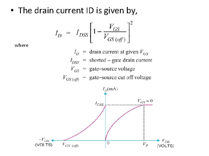  • The drain current ID is given by, where 