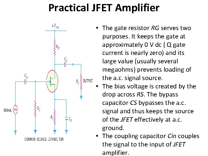 Practical JFET Amplifier • The gate resistor RG serves two purposes. It keeps the