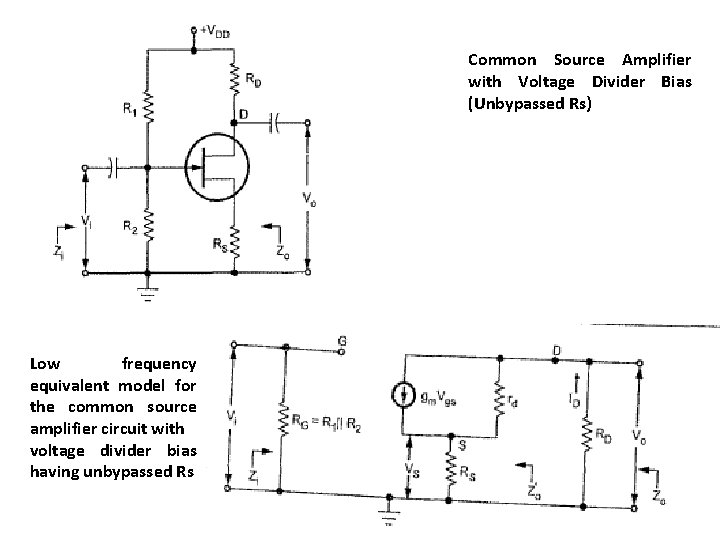 Common Source Amplifier with Voltage Divider Bias (Unbypassed Rs) Low frequency equivalent model for Common Source Amplifier with Voltage Divider Bias (Unbypassed Rs) Low frequency equivalent model for