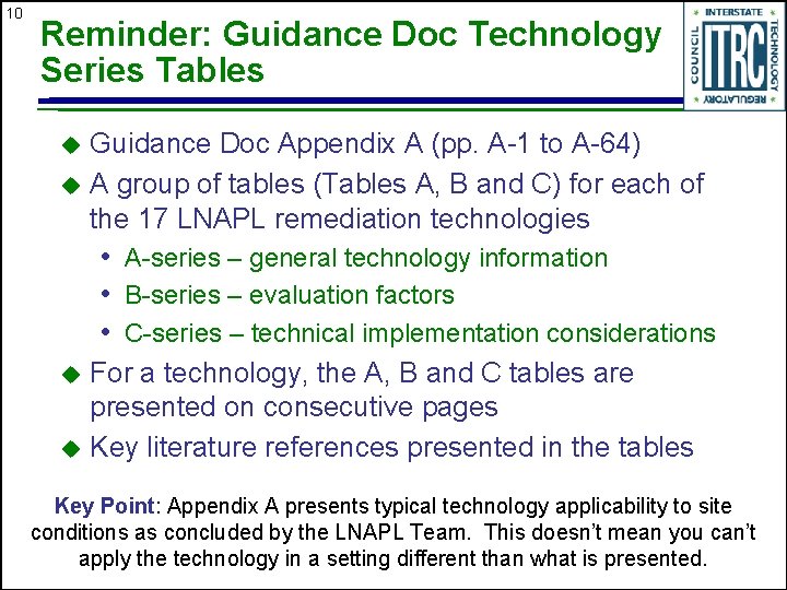 10 Reminder: Guidance Doc Technology Series Tables Guidance Doc Appendix A (pp. A-1 to