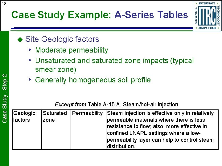 18 Case Study Example: A-Series Tables u Site Geologic factors Case Study , Step