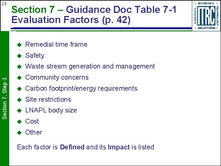 Section 7, Step 3 23 Section 7 – Guidance Doc Table 7 -1 Evaluation
