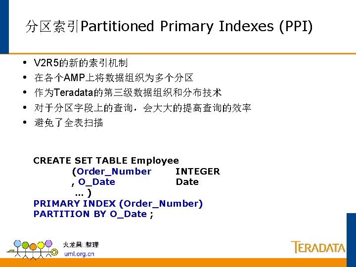 分区索引Partitioned Primary Indexes (PPI) • • • V 2 R 5的新的索引机制 在各个AMP上将数据组织为多个分区 作为Teradata的第三级数据组织和分布技术 对于分区字段上的查询，会大大的提高查询的效率