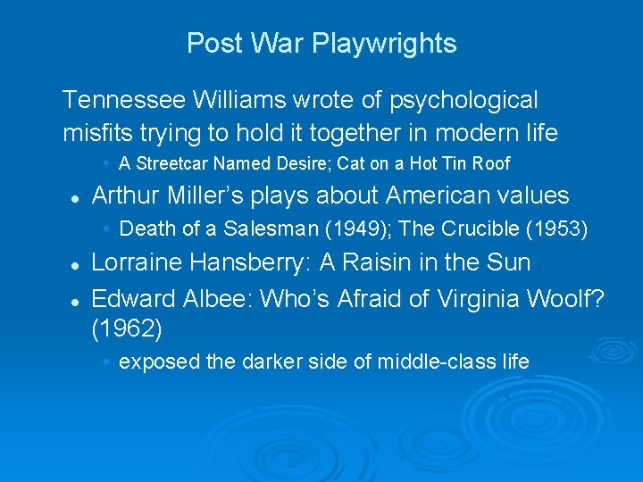 Post War Playwrights Tennessee Williams wrote of psychological misfits trying to hold it together