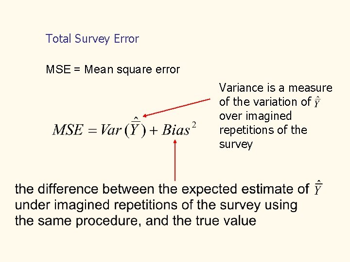 Total Survey Error MSE = Mean square error Variance is a measure of the