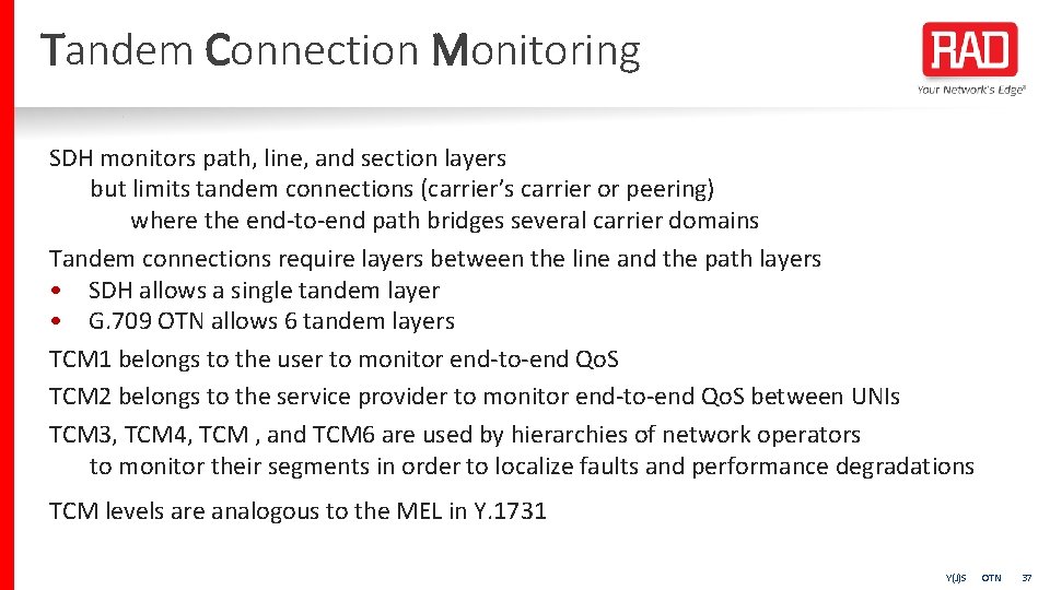 Tandem Connection Monitoring SDH monitors path, line, and section layers but limits tandem connections