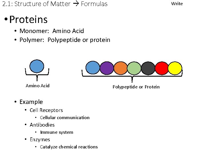 2. 1: Structure of Matter Formulas Write • Proteins • Monomer: Amino Acid •