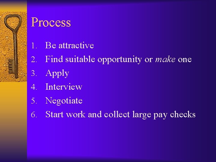 Process 1. Be attractive 2. Find suitable opportunity or make one 3. Apply 4.