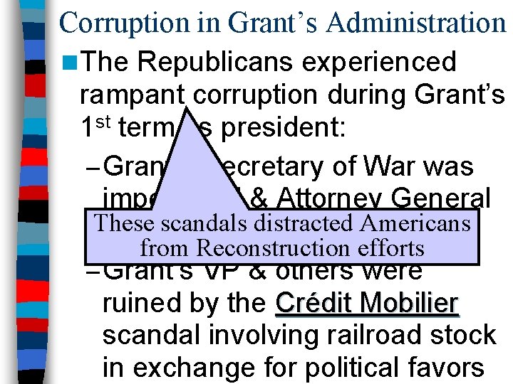 Corruption in Grant’s Administration n The Republicans experienced rampant corruption during Grant’s 1 st