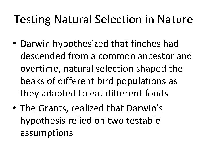 Testing Natural Selection in Nature • Darwin hypothesized that finches had descended from a