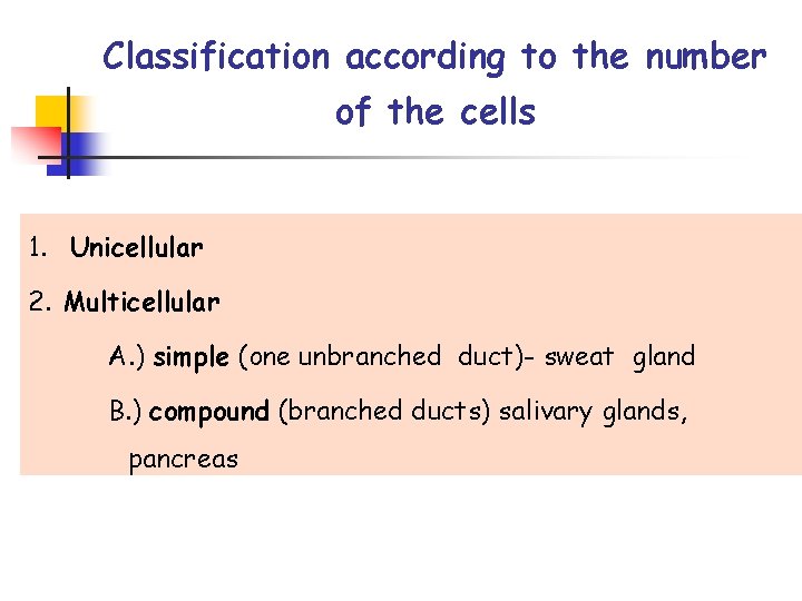 Classification according to the number of the cells 1. Unicellular 2. Multicellular A. )