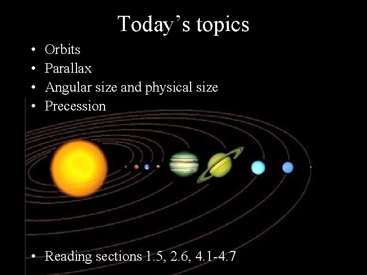 Today’s topics • • Orbits Parallax Angular size and physical size Precession • Reading