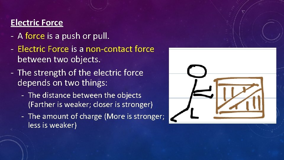 Electric Force - A force is a push or pull. - Electric Force is