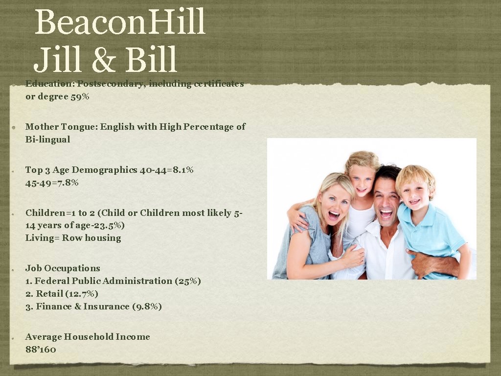 Beacon. Hill Jill & Bill Education: Postsecondary, including certificates or degree 59% Mother Tongue: