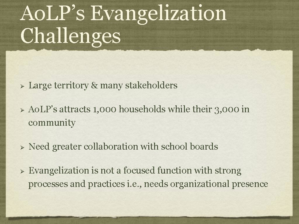 Ao. LP’s Evangelization Challenges Ø Ø Large territory & many stakeholders Ao. LP’s attracts