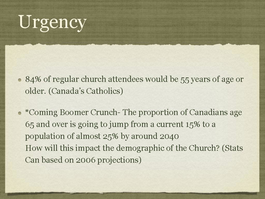 Urgency 84% of regular church attendees would be 55 years of age or older.