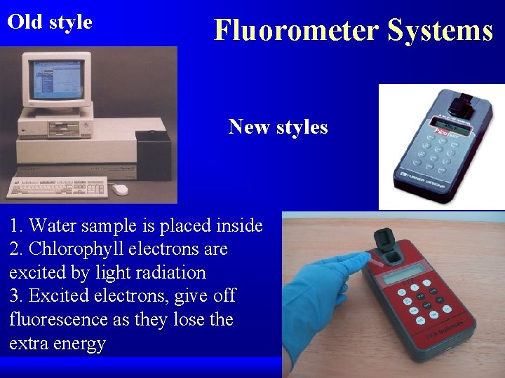 Old style Fluorometer Systems New styles 1. Water sample is placed inside 2. Chlorophyll