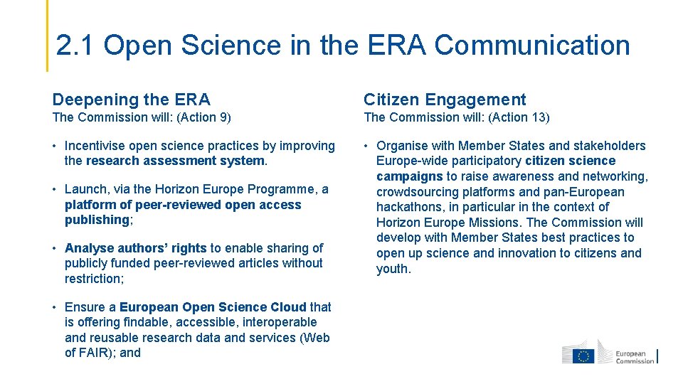 2. 1 Open Science in the ERA Communication Deepening the ERA Citizen Engagement The