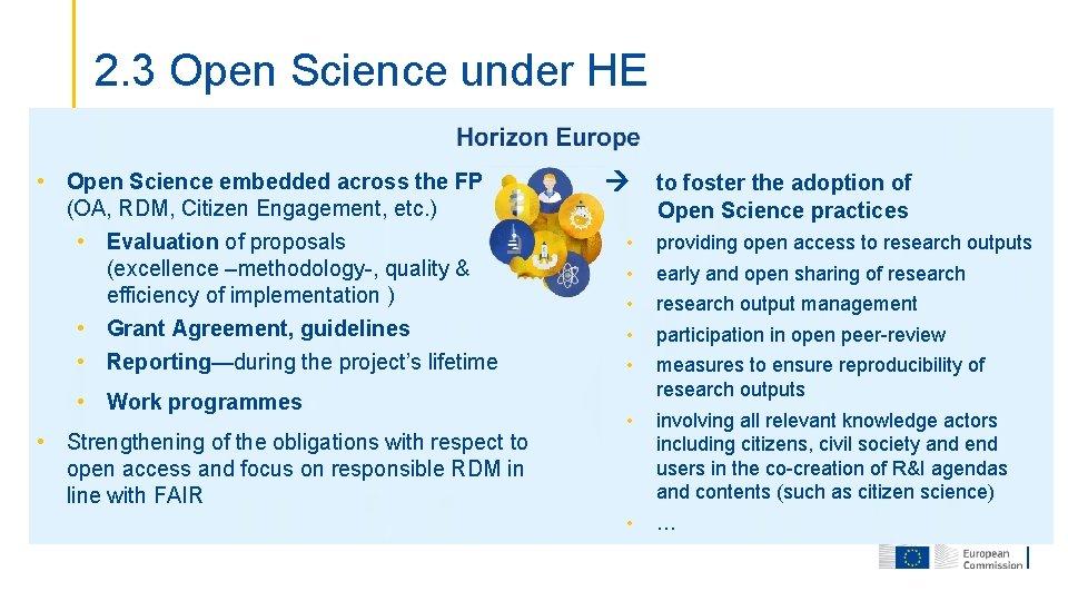 2. 3 Open Science under HE • Open Science embedded across the FP (OA,