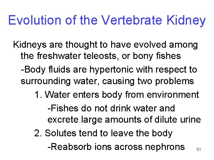 Evolution of the Vertebrate Kidneys are thought to have evolved among the freshwater teleosts,