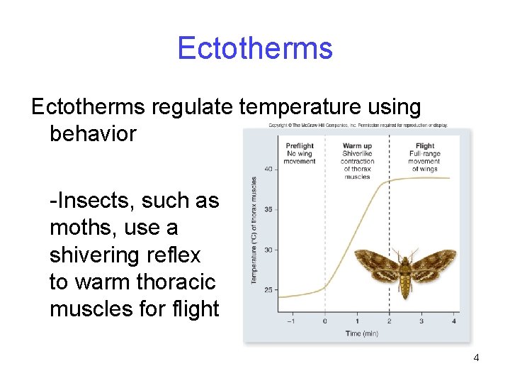 Ectotherms regulate temperature using behavior -Insects, such as moths, use a shivering reflex to