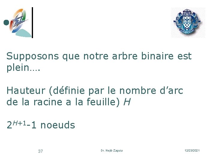 Supposons que notre arbre binaire est plein…. Hauteur (définie par le nombre d’arc de