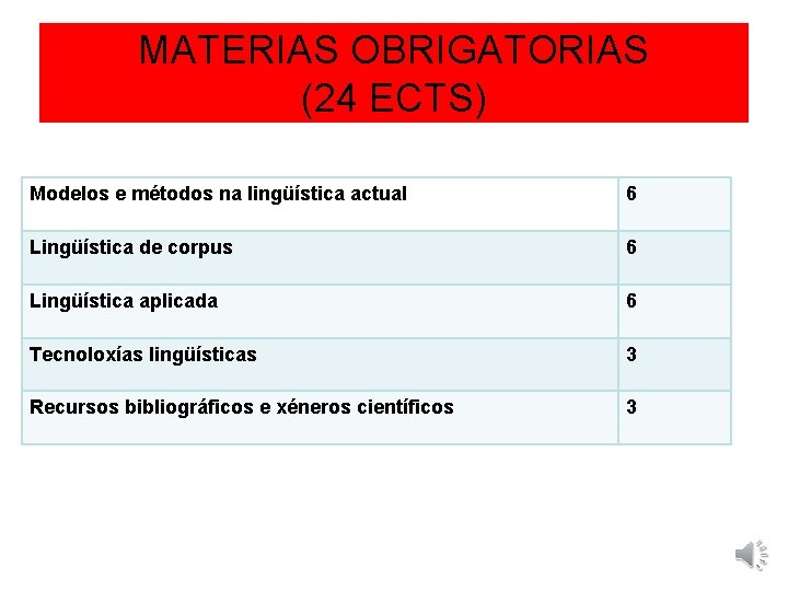 MATERIAS OBRIGATORIAS (24 ECTS) Modelos e métodos na lingüística actual 6 Lingüística de corpus