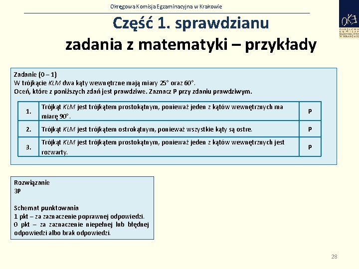 Okręgowa Komisja Egzaminacyjna w Krakowie Część 1. sprawdzianu zadania z matematyki – przykłady Zadanie