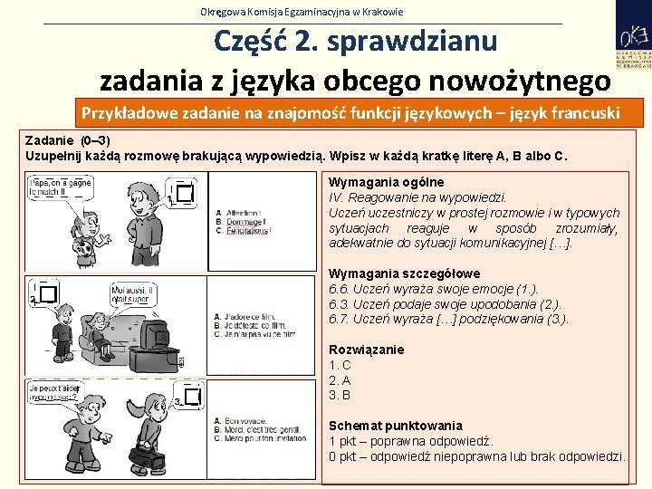 Okręgowa Komisja Egzaminacyjna w Krakowie Część 2. sprawdzianu zadania z języka obcego nowożytnego Przykładowe